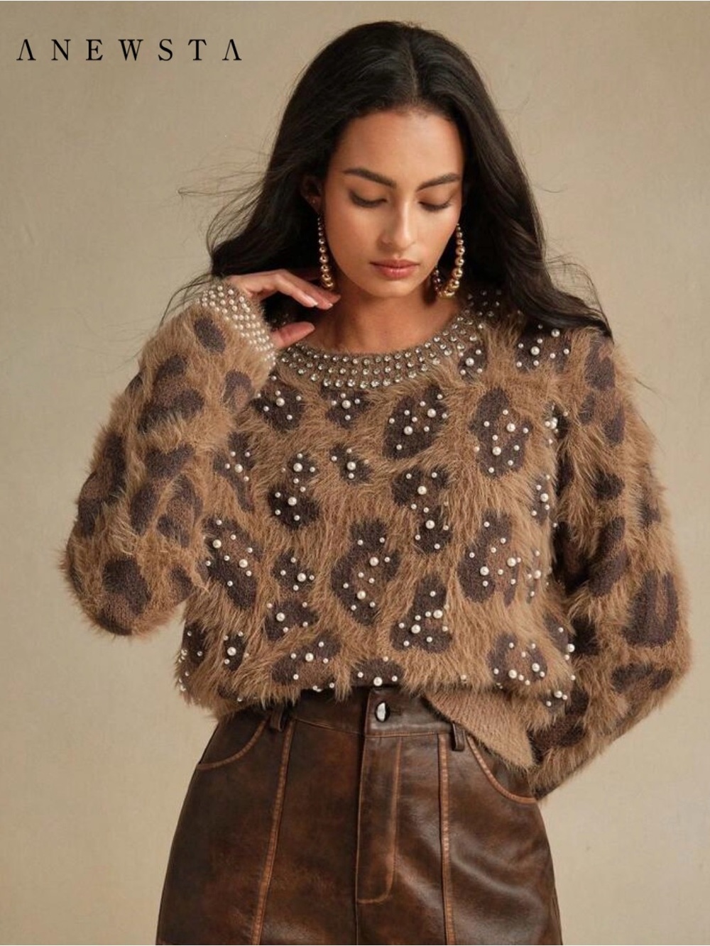 SHEIN Brown Leopard Pearl-Embellished Fuzzy Sweater